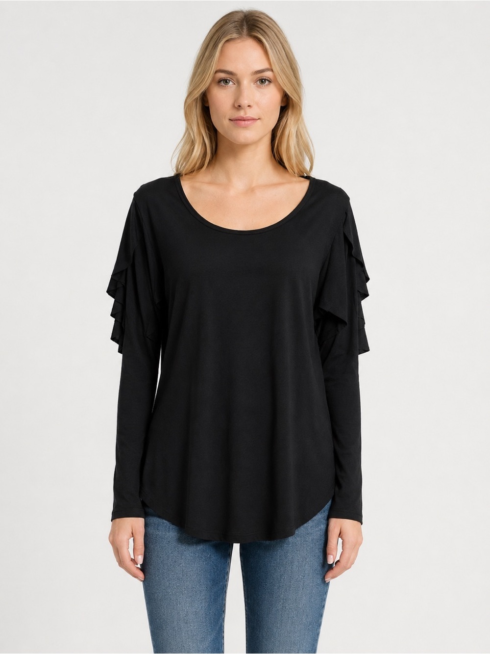 Sympli size 12 Black stretch jersey knit top ruffle sleeves scoop neck